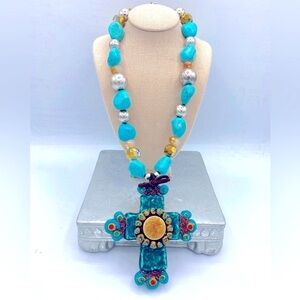 Artisan Turquoise and Silver Beaded Cross Necklace Statement Necklace